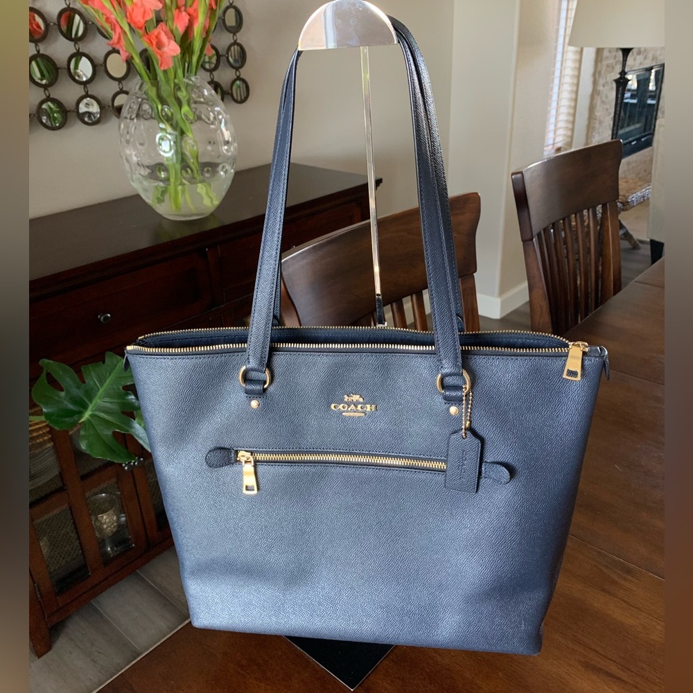 Coach Navy Blue Leather Zip Top Tote